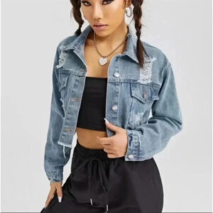 Pinch me light blue denim distressed button up jean jacket size Small